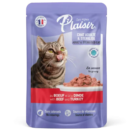Livraison Pochon Plaisir au bœuf et à la dinde chat stérilisé 100Gr gabes أكل قطط بلحم البقر والديك الرومي للقطط المعقمة 100غ livraison nourriture chat chien gabes
